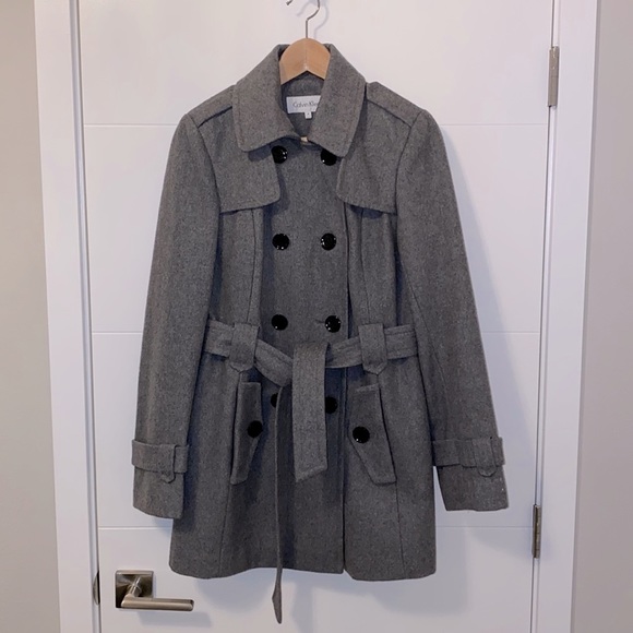 Calvin Klein women’s gray wool blend mid-length belted pea coat, size 4 - Picture 2 of 5